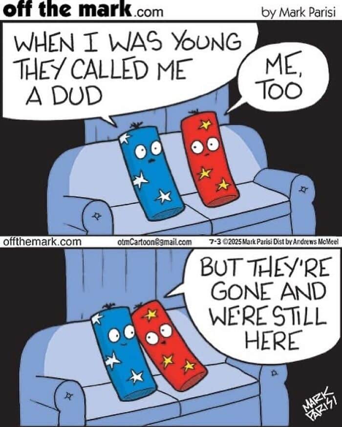 Two cartoon firecrackers on a couch sharing a humorous conversation in an award-winning cartoonist’s comic style.