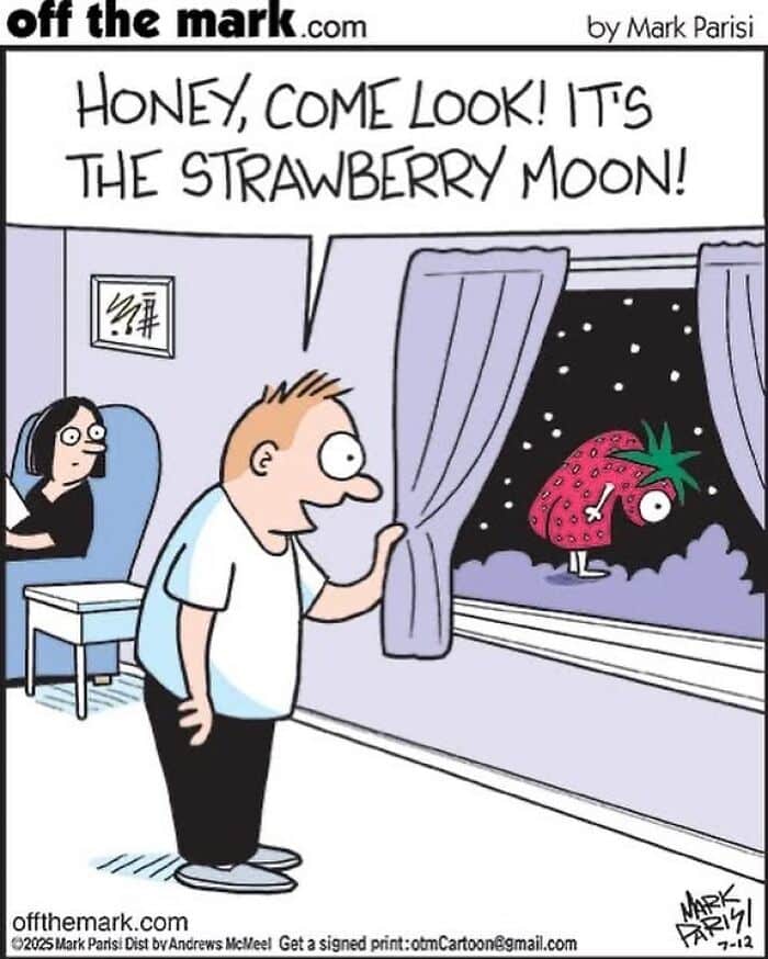 Cartoon by award-winning cartoonist Mark showing a humorous dog comic with a strawberry-shaped dog by the moon. Cartoon by award-winning cartoonist Mark showing a humorous dog comic with a strawberry-shaped dog by the moon.
