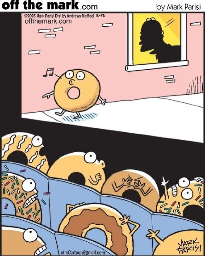 Cartoon by award-winning artist Mark showing humorous donuts reacting to a whistling donut on a street scene.