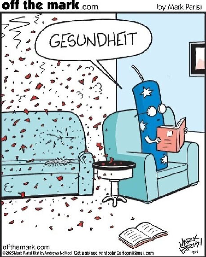 Cartoon comic by award-winning cartoonist Mark showing a funny dog-related scene with a firecracker and couch damage.