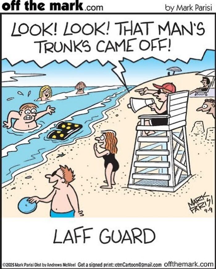 Cartoon by award-winning cartoonist Mark showing a lifeguard laughing at a man losing his trunks in water. Cartoon by award-winning cartoonist Mark showing a lifeguard laughing at a man losing his trunks in water.