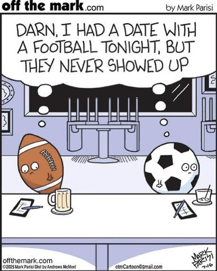 Cartoon by award-winning artist Mark showing a humorous dog comic with personified football and soccer balls at a bar. Cartoon by award-winning artist Mark showing a humorous dog comic with personified football and soccer balls at a bar.