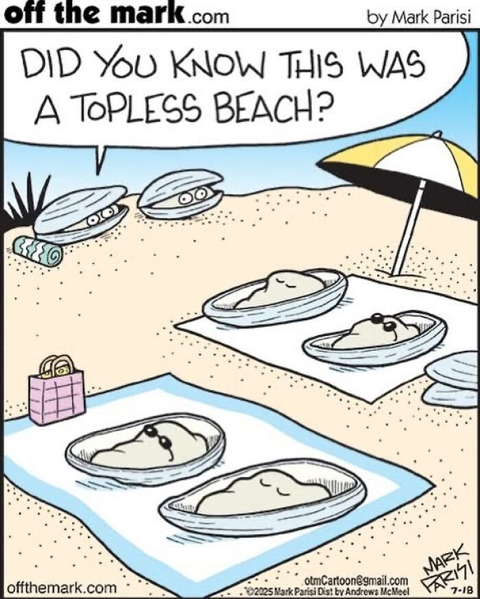 Cartoon of clams at a beach with one clam saying it used to be a topless beach, showcasing award-winning cartoonist humor.
