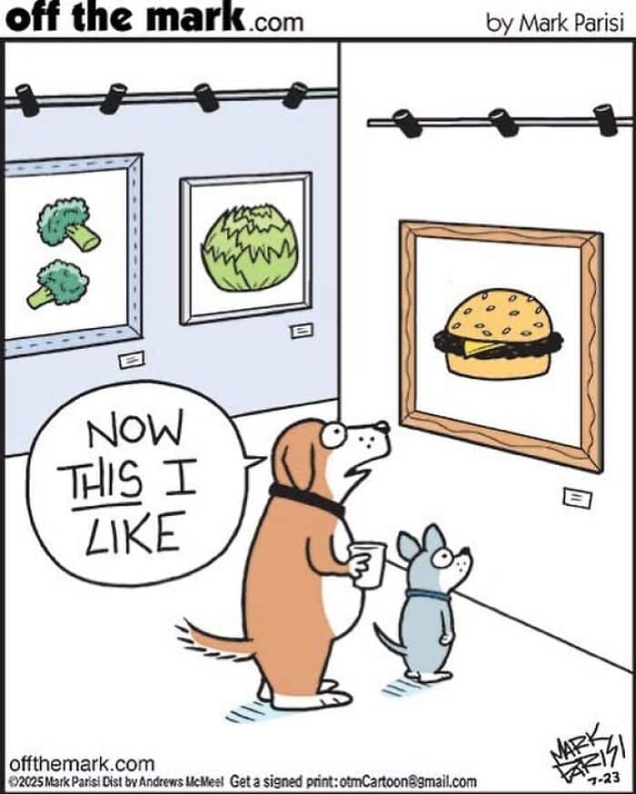 Dog comics by award-winning cartoonist show dogs admiring a hamburger painting, humorously blending art and canine perspective.