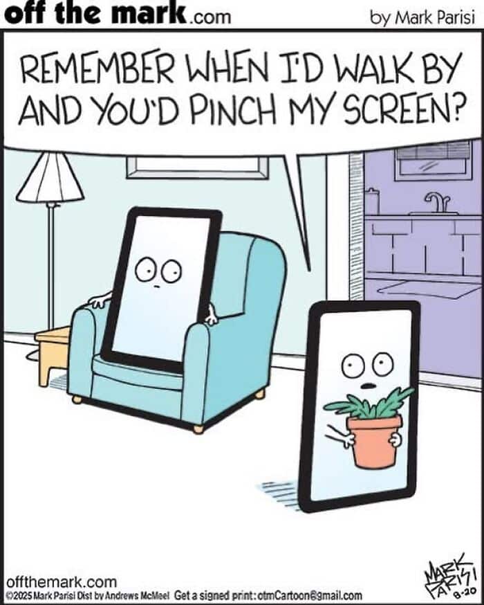 Cartoon by award-winning cartoonist Mark showing humorous dog comics with animated device characters in a living room setting.