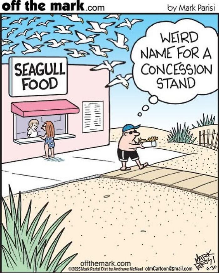 Cartoon by award-winning cartoonist Mark showing a man with food and seagulls thinking about concession stand name.