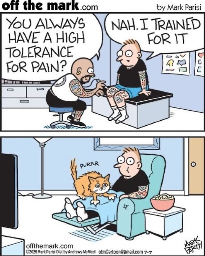 Cartoon by award-winning cartoonist showing a man with tattoos training for pain and a cat purring on his lap. Cartoon by award-winning cartoonist showing a man with tattoos training for pain and a cat purring on his lap.