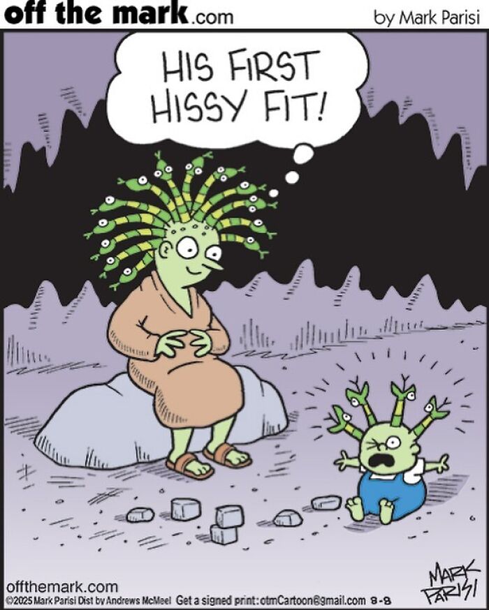Cartoon by award-winning cartoonist Mark showing a humorous Medusa character and her baby having a hissy fit.