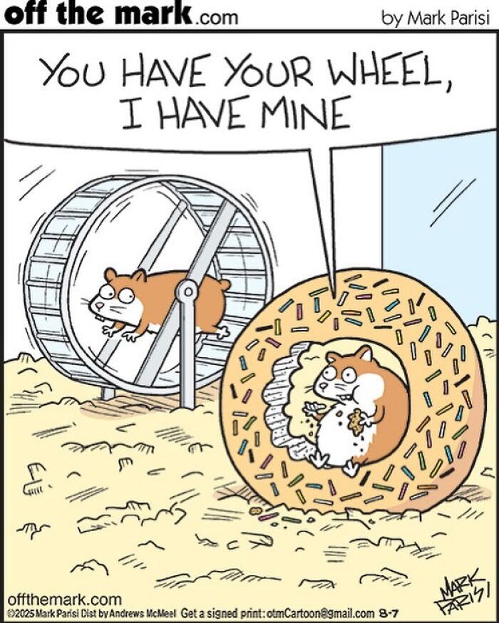 Cartoon by award-winning cartoonist Mark shows a hamster inside a donut wheel, highlighting hilarious dog comics humor.
