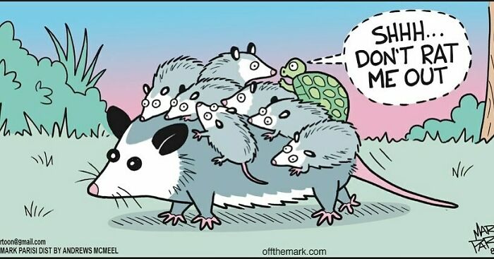 Cartoonist Mark's hilarious dog comics featuring a possum with multiple mice and a turtle saying don't rat me out.