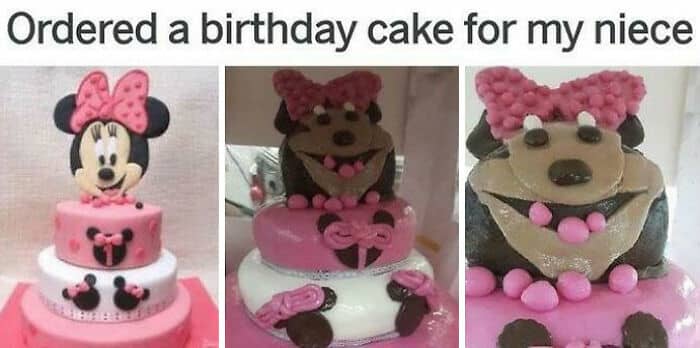 Birthday cake purchased based on a picture versus the oddly different final cake received, showing a Minnie Mouse design fail.