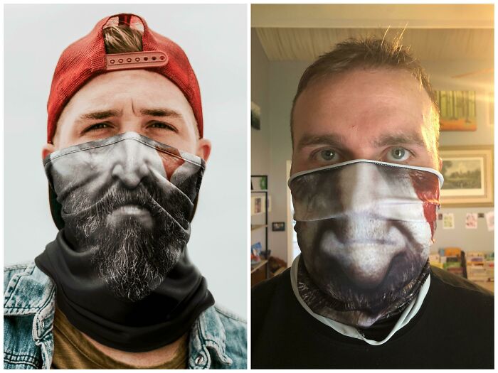 Two men wearing face masks with printed bearded faces, showing a humorous purchase discrepancy based on picture expectations. Two men wearing face masks with printed bearded faces, showing a humorous purchase discrepancy based on picture expectations.