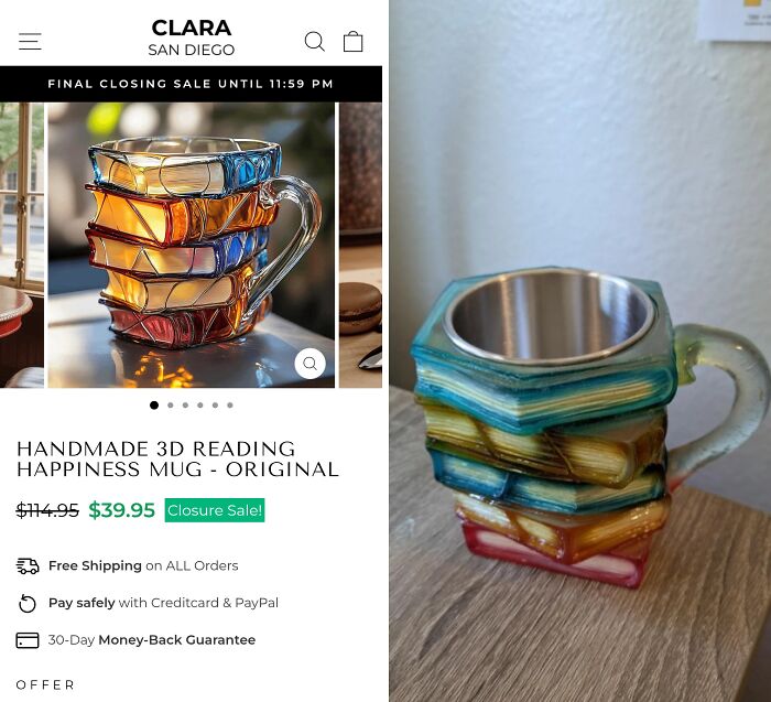 Stacked books mug purchased online versus the actual product received showing a disappointment in online shopping.