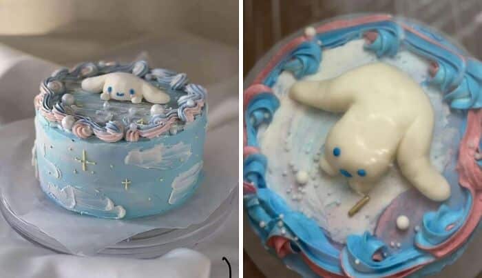 Blue cream cake with a cute white character on top, showing a funny example of purchasing based on a picture versus reality.