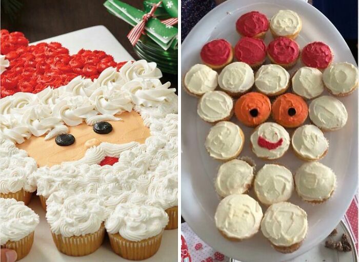 Santa Claus cupcake design purchased based on a picture and the resulting mismatched cupcake display. Santa Claus cupcake design purchased based on a picture and the resulting mismatched cupcake display.