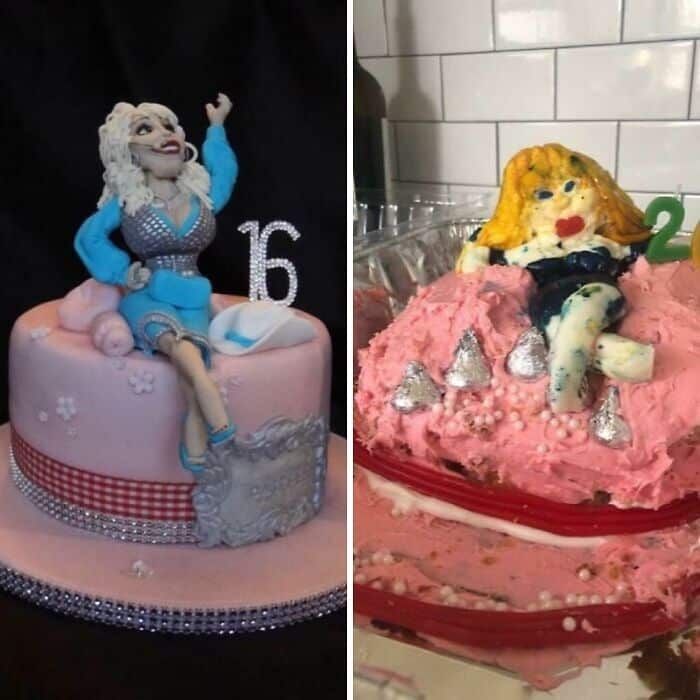 Comparison of a detailed cake versus a poorly executed cake showing people purchased cakes based on a picture.