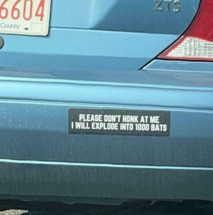 Car bumper with a funny bumper sticker warning not to honk or it will explode into 1000 bats, spotted on the road. Car bumper with a funny bumper sticker warning not to honk or it will explode into 1000 bats, spotted on the road.