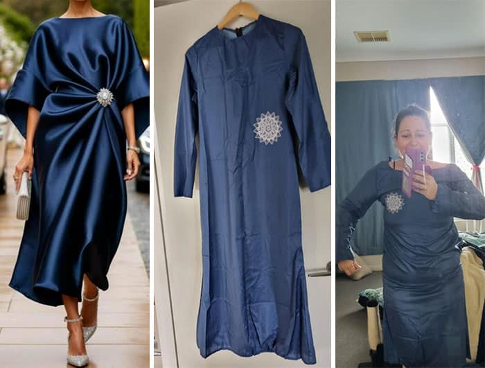 Woman's elegant navy blue dress in a photo compared to a received poorly fitting navy dress, illustrating purchase based on pictures fails.