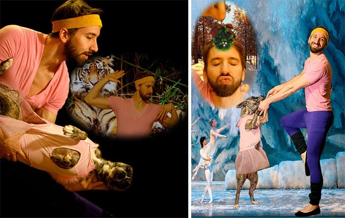 Funny Christmas card featuring a man in a pink shirt and headband, playfully posing with a costumed animal.