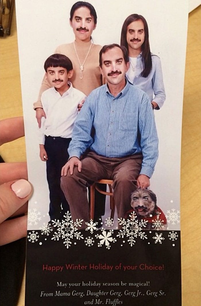 Funny Christmas card with a family portrait featuring identical faces and holiday greetings.