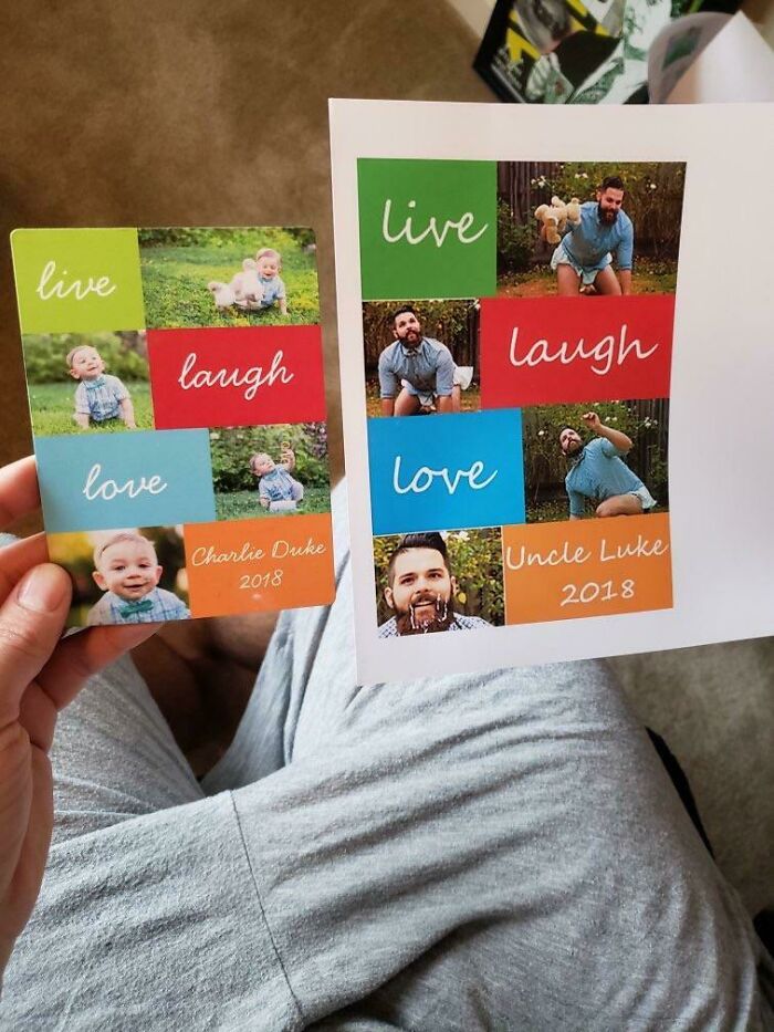 Funny Christmas card featuring family photos with captions "live, laugh, love" illustrating humorous parallels.