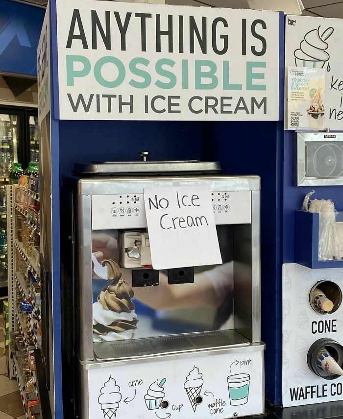 Ice cream machine with no ice cream sign, highlighting a random photo for processing and unexpected situations.