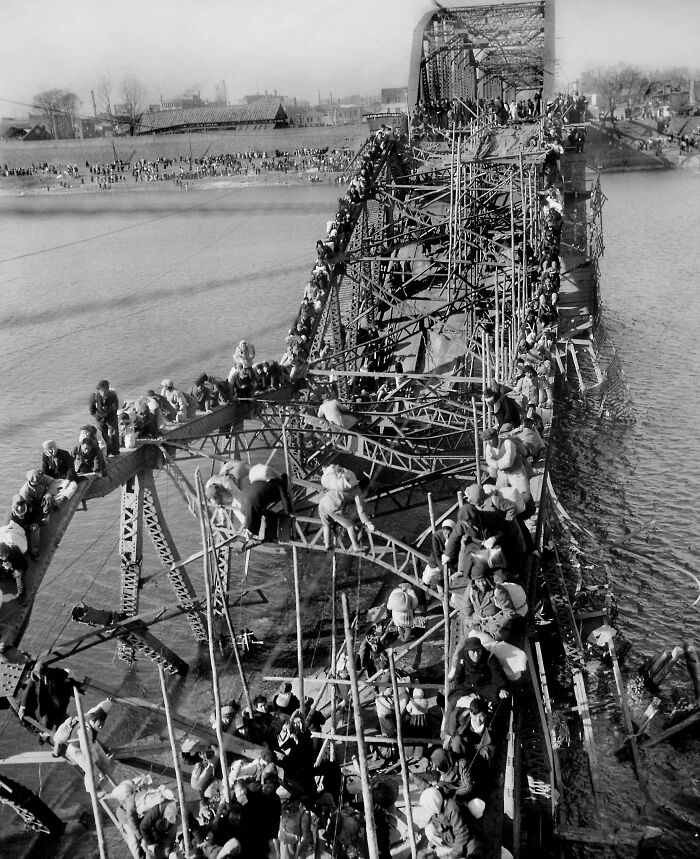1951 "Flight Of Refugees Across Wrecked Bridge In Korea" 1951 "Flight Of Refugees Across Wrecked Bridge In Korea"